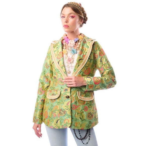 Aratta Silent Journey Jackets & Blazers - Aratta Silent journey Renaissance Silk Jacquard Blazer Jacket Green Floral Sz S